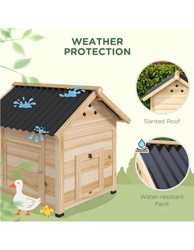 PawHut Wooden Duck House with Double Doors, Openable Roof, Ventilation Holes, Removable Base, Natural Wood Finish