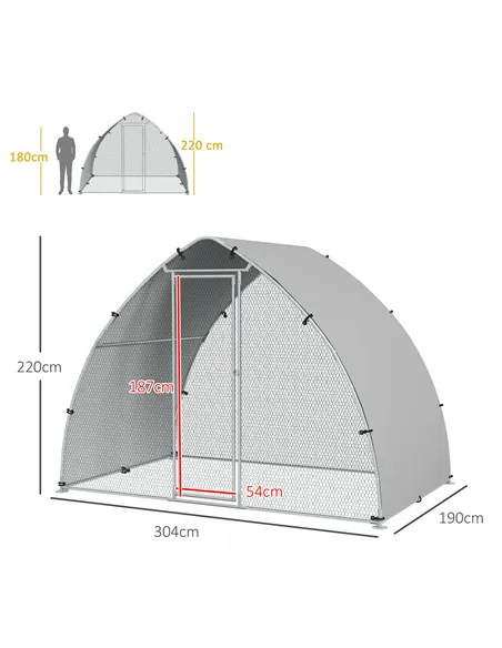 PawHut Galvanised Outdoor Chicken Coop with Cover, for 4-6 Chickens, Hens, Ducks, Rabbits, 3 x 1.9 x 2.2m - Silver Tone