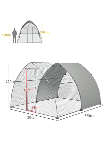 PawHut Galvanised Outdoor Chicken Coop, with Cover, for 8-12 Chickens, Hens, Ducks, Rabbits, 3 x 3.8 x 2.2m - Silver Tone