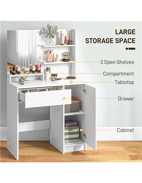 HOMCOM Dressing Table and Stool Set, with Storage - White