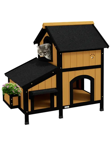 PawHut Wooden Cat House with Flower Pot, Windows, Multiple Entrances, Water-Resistant Roof for Outdoor - Yellow