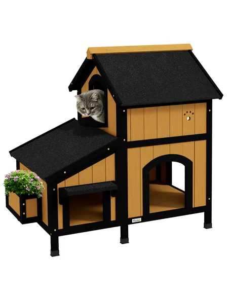 PawHut Wooden Cat House with Flower Pot, Windows, Multiple Entrances, Water-Resistant Roof for Outdoor - Yellow