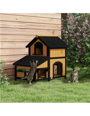 PawHut Wooden Cat House with Flower Pot, Windows, Multiple Entrances, Water-Resistant Roof for Outdoor - Yellow