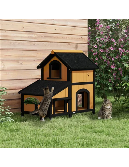 PawHut Wooden Cat House with Flower Pot, Windows, Multiple Entrances, Water-Resistant Roof for Outdoor - Yellow