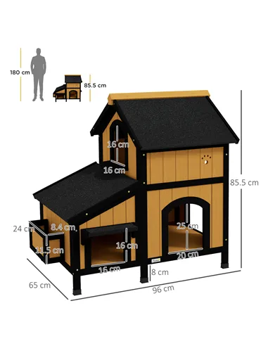 PawHut Wooden Cat House with Flower Pot, Windows, Multiple Entrances, Water-Resistant Roof for Outdoor - Yellow