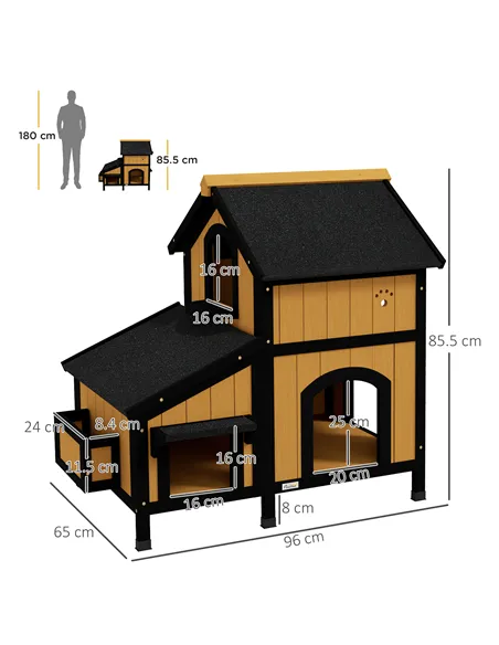 PawHut Wooden Cat House with Flower Pot, Windows, Multiple Entrances, Water-Resistant Roof for Outdoor - Yellow