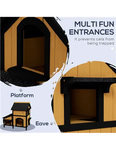 PawHut Wooden Cat House with Flower Pot, Windows, Multiple Entrances, Water-Resistant Roof for Outdoor - Yellow