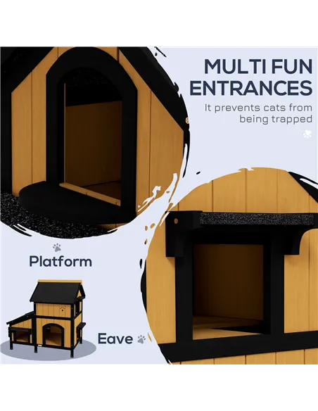 PawHut Wooden Cat House with Flower Pot, Windows, Multiple Entrances, Water-Resistant Roof for Outdoor - Yellow