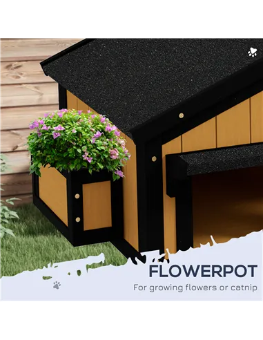 PawHut Wooden Cat House with Flower Pot, Windows, Multiple Entrances, Water-Resistant Roof for Outdoor - Yellow