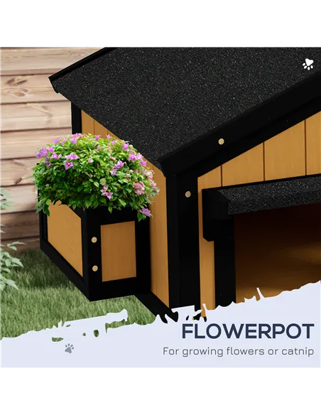 PawHut Wooden Cat House with Flower Pot, Windows, Multiple Entrances, Water-Resistant Roof for Outdoor - Yellow