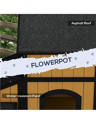 PawHut Wooden Cat House with Flower Pot, Windows, Multiple Entrances, Water-Resistant Roof for Outdoor - Yellow