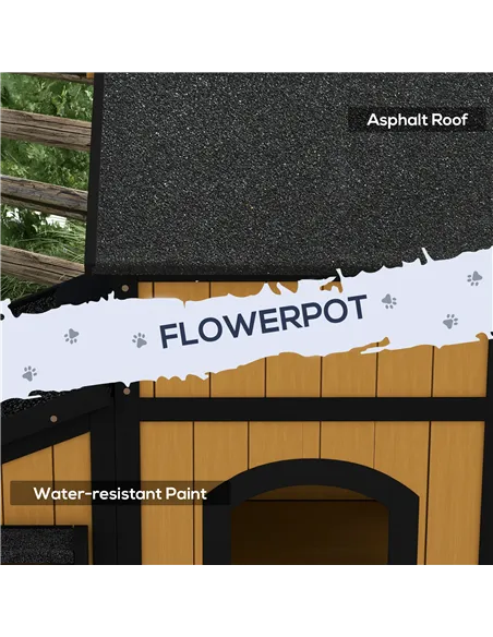 PawHut Wooden Cat House with Flower Pot, Windows, Multiple Entrances, Water-Resistant Roof for Outdoor - Yellow