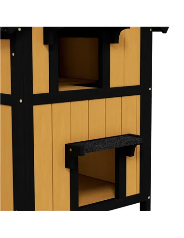 PawHut Wooden Cat House with Flower Pot, Windows, Multiple Entrances, Water-Resistant Roof for Outdoor - Yellow