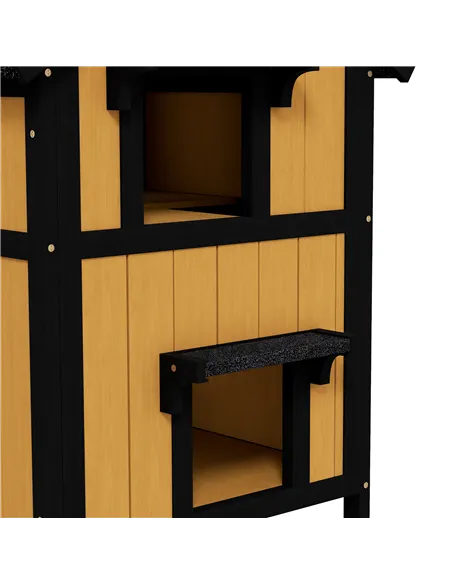 PawHut Wooden Cat House with Flower Pot, Windows, Multiple Entrances, Water-Resistant Roof for Outdoor - Yellow