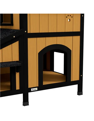 PawHut Wooden Cat House with Flower Pot, Windows, Multiple Entrances, Water-Resistant Roof for Outdoor - Yellow