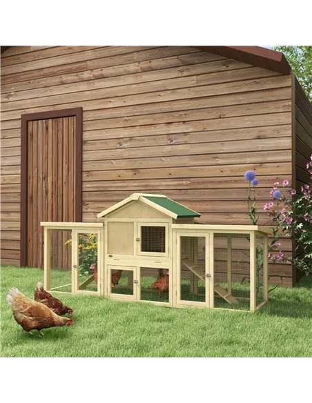 PawHut Large Chicken Coop, Wooden Garden Hen House, Poultry Coops Cages with Run, Nesting Box, Natural Wood Finish