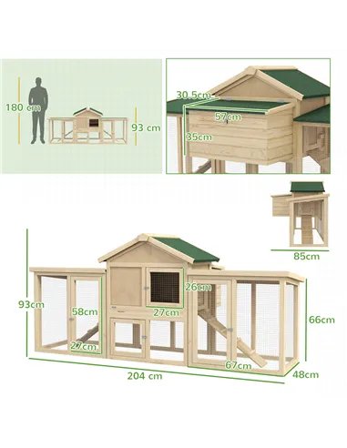 PawHut Large Chicken Coop, Wooden Garden Hen House, Poultry Coops Cages with Run, Nesting Box, Natural Wood Finish