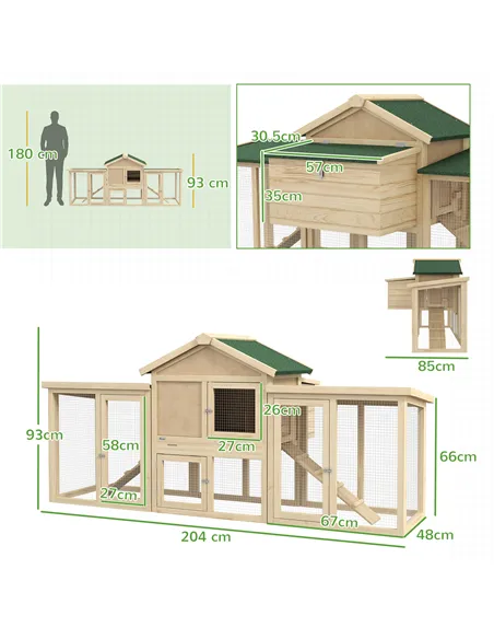 PawHut Large Chicken Coop, Wooden Garden Hen House, Poultry Coops Cages with Run, Nesting Box, Natural Wood Finish