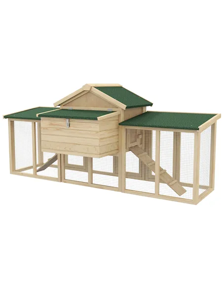 PawHut Large Chicken Coop, Wooden Garden Hen House, Poultry Coops Cages with Run, Nesting Box, Natural Wood Finish