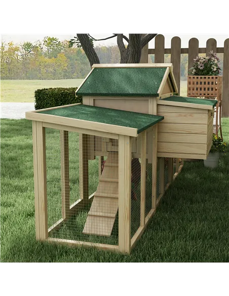 PawHut Large Chicken Coop, Wooden Garden Hen House, Poultry Coops Cages with Run, Nesting Box, Natural Wood Finish