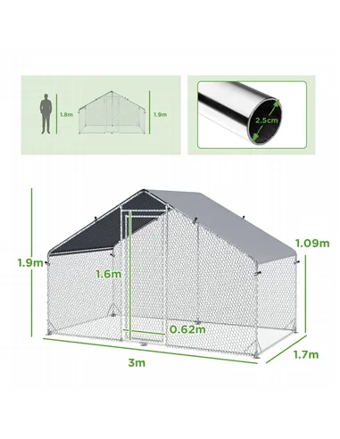 PawHut Large Chicken Coop, Galvanised Walk In Chicken Coop Hen House w/ Water-Resist Cover, 3 x 1.7 x 1.9m