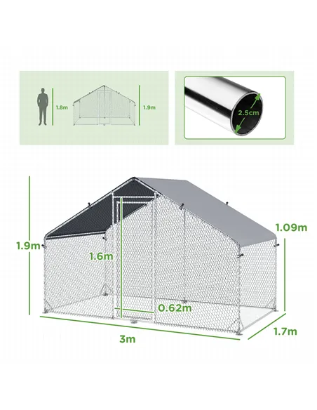 PawHut Large Chicken Coop, Galvanised Walk In Chicken Coop Hen House w/ Water-Resist Cover, 3 x 1.7 x 1.9m