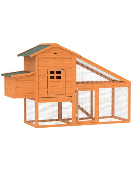 PawHut Wooden Chicken Coop with Run, Nesting Box, Slide-out Tray, Ramp, Perches, Asphalt Roof, 179 x 67 x 115cm