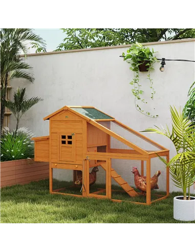 PawHut Wooden Chicken Coop with Run, Nesting Box, Slide-out Tray, Ramp, Perches, Asphalt Roof, 179 x 67 x 115cm