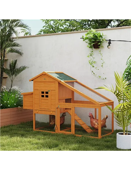 PawHut Wooden Chicken Coop with Run, Nesting Box, Slide-out Tray, Ramp, Perches, Asphalt Roof, 179 x 67 x 115cm
