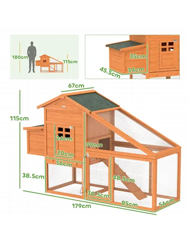 PawHut Wooden Chicken Coop with Run, Nesting Box, Slide-out Tray, Ramp, Perches, Asphalt Roof, 179 x 67 x 115cm