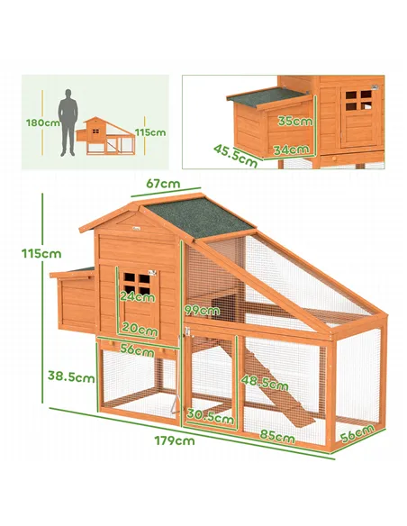 PawHut Wooden Chicken Coop with Run, Nesting Box, Slide-out Tray, Ramp, Perches, Asphalt Roof, 179 x 67 x 115cm