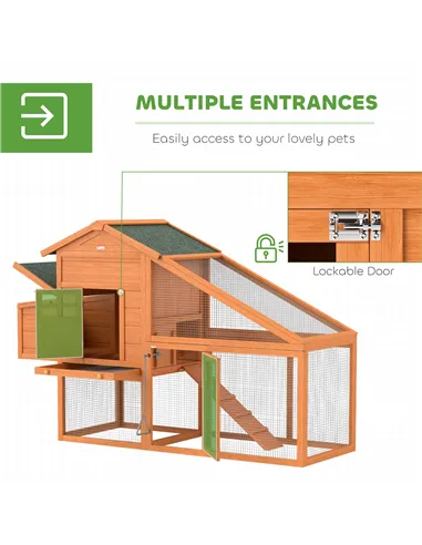 PawHut Wooden Chicken Coop with Run, Nesting Box, Slide-out Tray, Ramp, Perches, Asphalt Roof, 179 x 67 x 115cm