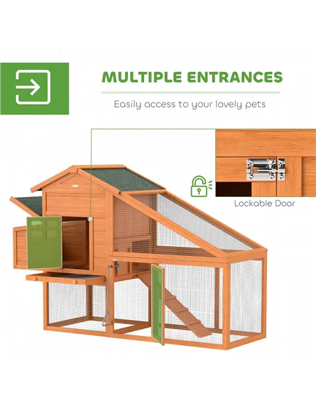 PawHut Wooden Chicken Coop with Run, Nesting Box, Slide-out Tray, Ramp, Perches, Asphalt Roof, 179 x 67 x 115cm