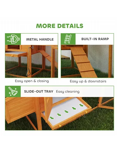 PawHut Wooden Chicken Coop with Run, Nesting Box, Slide-out Tray, Ramp, Perches, Asphalt Roof, 179 x 67 x 115cm