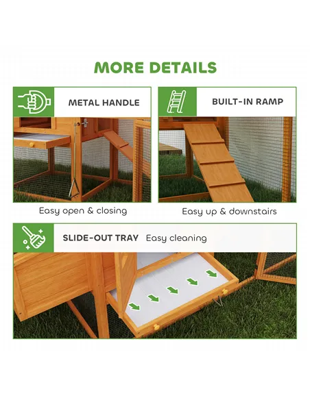 PawHut Wooden Chicken Coop with Run, Nesting Box, Slide-out Tray, Ramp, Perches, Asphalt Roof, 179 x 67 x 115cm