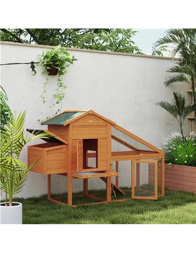 PawHut Wooden Chicken Coop with Run, Nesting Box, Slide-out Tray, Ramp, Perches, Asphalt Roof, 179 x 67 x 115cm