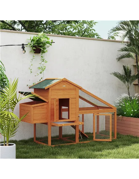 PawHut Wooden Chicken Coop with Run, Nesting Box, Slide-out Tray, Ramp, Perches, Asphalt Roof, 179 x 67 x 115cm