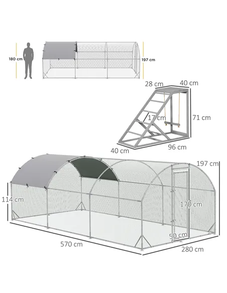 PawHut Walk In Chicken Run with Chicken Activity Shelf and Cover, 2.8 x 5.7 x 2m