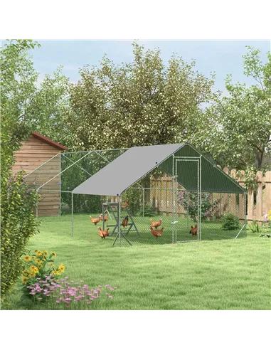 PawHut Walk-in Galvanised Steel Chicken Run with Chicken Activity Shelf and Cover, 3 x 6 x 2m