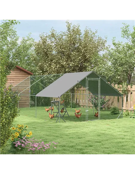 PawHut Walk-in Galvanised Steel Chicken Run with Chicken Activity Shelf and Cover, 3 x 6 x 2m