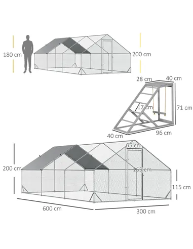 PawHut Walk-in Galvanised Steel Chicken Run with Chicken Activity Shelf and Cover, 3 x 6 x 2m