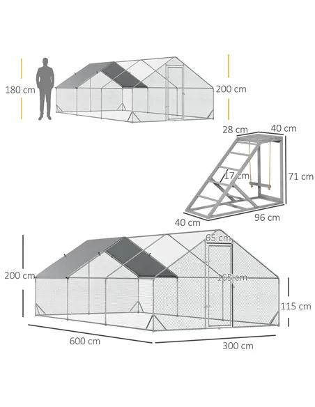 PawHut Walk-in Galvanised Steel Chicken Run with Chicken Activity Shelf and Cover, 3 x 6 x 2m