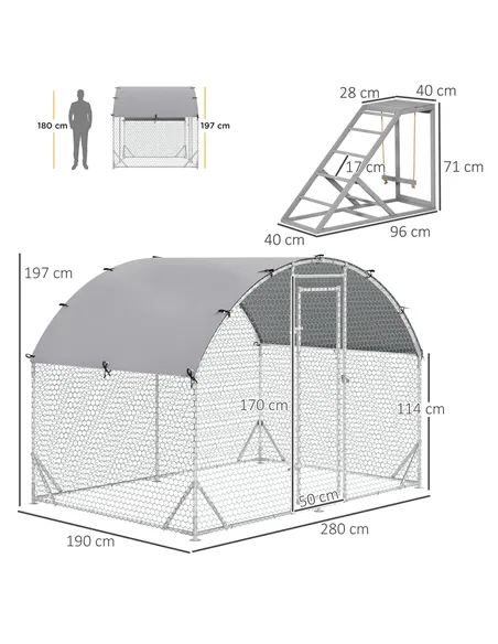 PawHut Walk-In Chicken Run, Metal Chicken Coop with Cover, Outdoor Hen Poultry House Cage with Chicken Activity Shelf, for Chick