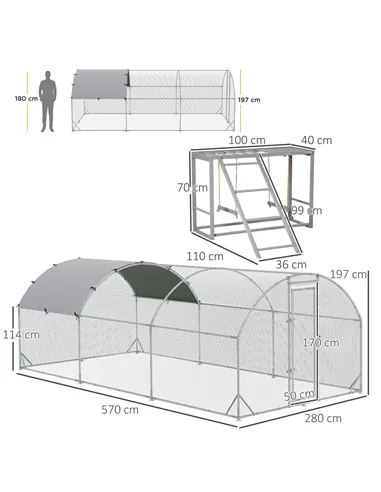 PawHut Walk In Chicken Run with Chicken Activity Shelf and Cover, 2.8 x 5.7 x 2m
