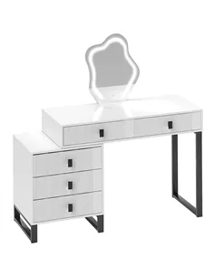 HOMCOM LED Lighted Dressing Table with Leaf Shape Mirror, Modern Vanity Desk with 5 Drawers, Makeup Desk with Fluted Panels, Whi