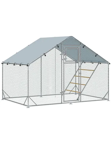 PawHut Walk-in Chicken Run w/ Cover, Feeding Door, Hanging Feeder, Perch, for 6-8 Poultry
