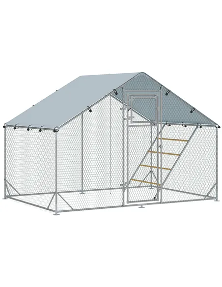 PawHut Walk-in Chicken Run w/ Cover, Feeding Door, Hanging Feeder, Perch, for 6-8 Poultry