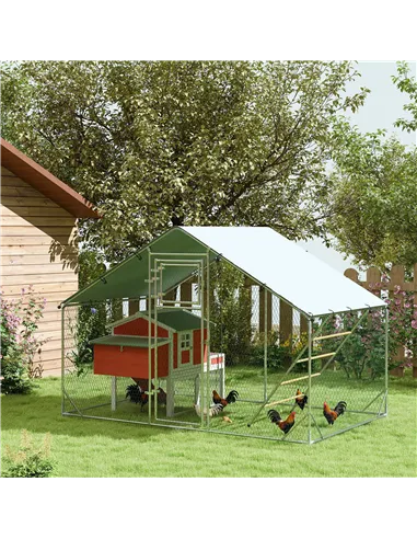 PawHut Walk-in Chicken Run w/ Cover, Feeding Door, Hanging Feeder, Perch, for 6-8 Poultry