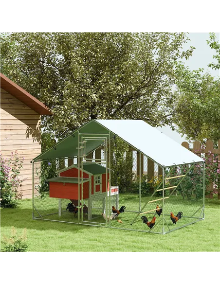 PawHut Walk-in Chicken Run w/ Cover, Feeding Door, Hanging Feeder, Perch, for 6-8 Poultry