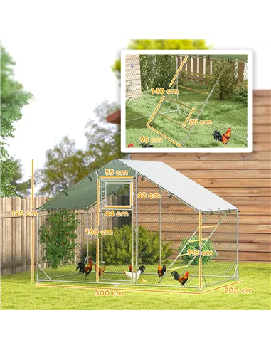 PawHut Walk-in Chicken Run w/ Cover, Feeding Door, Hanging Feeder, Perch, for 6-8 Poultry